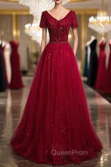 Burgundy V-neck Short Sleeve Beading Evening Prom Dresses