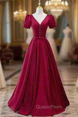 Burgundy V-neck Short Sleeve Pearls Evening Prom Dresses