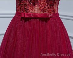 Burgundy V Neck Tulle Lace Long Prom Dress, Burgundy Evening Dress