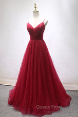 Burgundy V-Neck Tulle Long Evening Prom Dresses, A-Line Backless Evening Party Dresses
