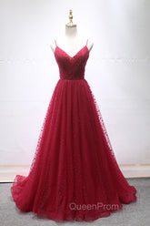 Burgundy V-Neck Tulle Long Evening Prom Dresses, A-Line Backless Evening Party Dresses