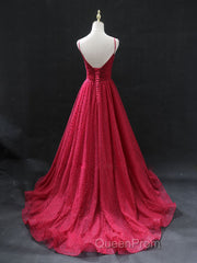 Burgundy v neck tulle long Evening Prom Dresses, burgundy tulle formal Dresses