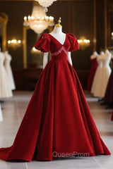 Burgundy V-Neck Velvet Long Evening Dresses, A-Line Short Sleeve Evening Dresses