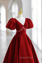 Burgundy V-Neck Velvet Long Evening Dresses, A-Line Short Sleeve Evening Dresses