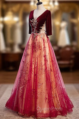 Burgundy V-Neck Velvet Tulle Long Evening Prom Dresses, A-Line 1/2 Sleeve Evening Dresses