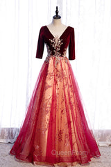 Burgundy V-Neck Velvet Tulle Long Evening Prom Dresses, A-Line 1/2 Sleeve Evening Dresses