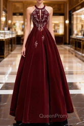 Burgundy Velvet Beaded Long Evening Prom Dresses, Elegant A-Line Evening Party Dresses