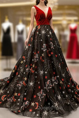 Burgundy Velvet Black Tulle Embroidery V-neck Backless Haute Couture Evening Prom Dresses