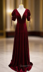 Burgundy Velvet Dee V-neck Short Sleeve Evening Prom Dresses