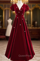Burgundy Velvet Deep V-neck Short Sleeve Evening Prom Dresses