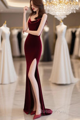 Burgundy Velvet Floor Length Mermaid Evening Prom Dresses, Velvet Bridesmaid Dresses