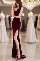 Burgundy Velvet Floor Length Mermaid Evening Prom Dresses, Velvet Bridesmaid Dresses