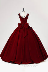 Burgundy Velvet Floor Length Evening Prom Dresses, A-Line Evening Party Dresses With Flowers