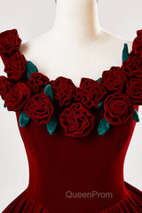 Burgundy Velvet Floor Length Evening Prom Dresses, A-Line Evening Party Dresses With Flowers