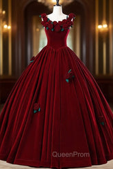 Burgundy Velvet Floor Length Evening Prom Dresses, A-Line Evening Party Dresses With Flowers