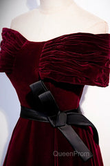 Burgundy Velvet Floor Length Evening Prom Dresses, Elegant Off The Shoulder Party Dresses