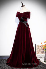 Burgundy Velvet Floor Length Evening Prom Dresses, Elegant Off The Shoulder Party Dresses