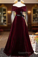 Burgundy Velvet Floor Length Evening Prom Dresses, Elegant Off The Shoulder Party Dresses