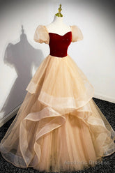 Burgundy Velvet Glitter Cascading Ruffles Prom Dress, Champagne Tulle Floor Length Evening Dress