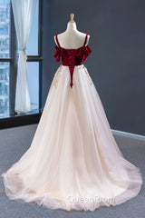 Burgundy Velvet Lace Long Evening Prom Dresses, A-Line Off Shoulder Evening Dresses