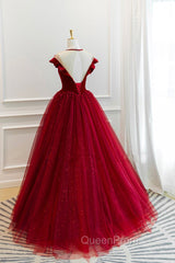 Burgundy Velvet Long A-Line Evening Prom Dresses, Burgundy Evening Dresses
