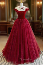 Burgundy Velvet Long A-Line Evening Prom Dresses, Burgundy Evening Dresses