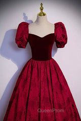 Burgundy Velvet Long A-Line Evening Prom Dresses, Burgundy Short Sleeve Evening Dresses