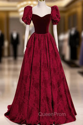 Burgundy Velvet Long A-Line Evening Prom Dresses, Burgundy Short Sleeve Evening Dresses