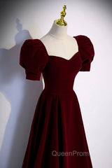 Burgundy Velvet Long A-Line Evening Prom Dresses, Simple Short Sleeve Party Dresses