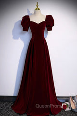 Burgundy Velvet Long A-Line Evening Prom Dresses, Simple Short Sleeve Party Dresses