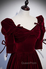 Burgundy Velvet Long Evening Party Dresses, A-Line Short Sleeve Evening Prom Dresses