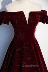 Burgundy Velvet Long Evening Prom Dresses, A-Line Off the Shoulder Evening Dresses