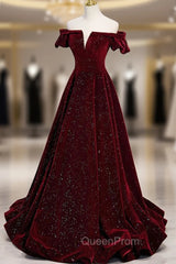 Burgundy Velvet Long Evening Prom Dresses, A-Line Off the Shoulder Evening Dresses