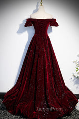 Burgundy Velvet Long Evening Prom Dresses, A-Line Off the Shoulder Evening Dresses