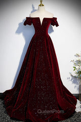 Burgundy Velvet Long Evening Prom Dresses, A-Line Off the Shoulder Evening Dresses
