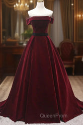 Burgundy Velvet Long Evening Prom Dresses, A-Line Evening Dresses