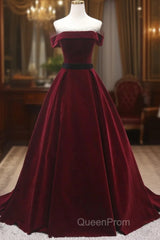 Burgundy Velvet Long Evening Prom Dresses, A-Line Evening Dresses