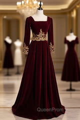 Burgundy Velvet Long Sleeve Appliques Square Evening Prom Dresses