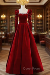 Burgundy Velvet Long Sleeve Crystal Evening Prom Dresses
