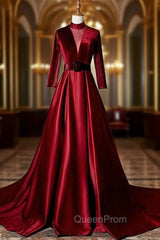 Burgundy Velvet Long Sleeve High Neck See Through Back Evening Prom Dresses
