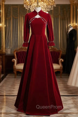 Burgundy Velvet Long Sleeve Evening Prom Dresses