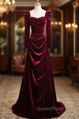 Burgundy Velvet Long Sleeve Square Neck Pleats Evening Prom Dresses