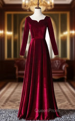 Burgundy Velvet Long Sleeve Square Evening Prom Dresses