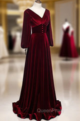Burgundy Velvet Long Sleeves A-line Evening Prom Dresses, Long Simple Bridesmaid Dresses
