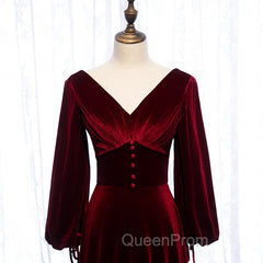 Burgundy Velvet Long Sleeves A-line Evening Prom Dresses, Long Simple Bridesmaid Dresses