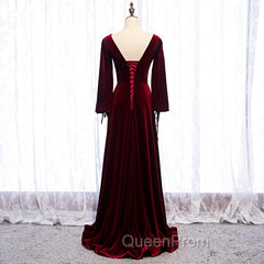 Burgundy Velvet Long Sleeves A-line Evening Prom Dresses, Long Simple Bridesmaid Dresses