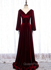 Burgundy Velvet Long Sleeves A-line Evening Prom Dresses, Long Simple Bridesmaid Dresses