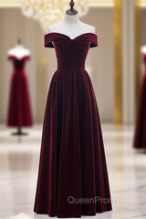Burgundy Velvet Off the Shoulder Pleats Evening Prom Dresses