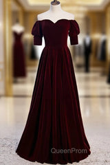 Burgundy Velvet Off the Shoulder Short Sleeve Evening Prom Dresses
