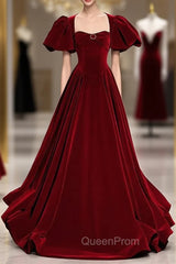 Burgundy Velvet Puff Sleeve Backless Beading Evening Prom Dresses
